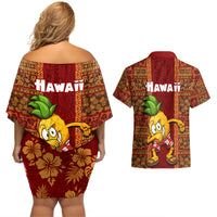 Hawaii Couples Matching Off Shoulder Short Dress and Hawaiian Shirt Aloha Funny Pineapple Mix Kakau Hawaiian Tribal LT03 - Polynesian Pride