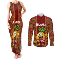 Hawaii Couples Matching Tank Maxi Dress and Long Sleeve Button Shirt Aloha Funny Pineapple Mix Kakau Hawaiian Tribal LT03 Red - Polynesian Pride