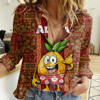 Hawaii Women Casual Shirt Aloha Funny Pineapple Mix Kakau Hawaiian Tribal LT03 Female Red - Polynesian Pride