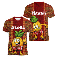 Hawaii Women V Neck T Shirt Aloha Funny Pineapple Mix Kakau Hawaiian Tribal LT03 - Polynesian Pride