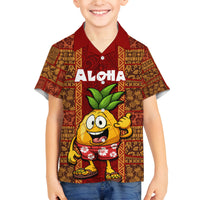 Custom Hawaii Family Matching Off Shoulder Short Dress and Hawaiian Shirt Aloha Funny Pineapple Mix Kakau Hawaiian Tribal LT03 Son's Shirt Red - Polynesian Pride
