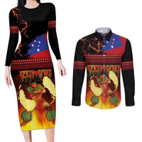 Samoan Siva Afi Couples Matching Long Sleeve Bodycon Dress and Long Sleeve Button Shirt Tribal Performers of Samoan Fire Knife Dancing