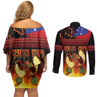 Samoan Siva Afi Couples Matching Off Shoulder Short Dress and Long Sleeve Button Shirt Tribal Performers of Samoan Fire Knife Dancing