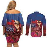 Proud of Samoa Couples Matching Off Shoulder Short Dress and Long Sleeve Button Shirt Ula Nifo with Samoa 685 and Hibiscus Tapa Tribal Pattern