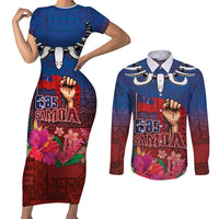 Proud of Samoa Couples Matching Short Sleeve Bodycon Dress and Long Sleeve Button Shirt Ula Nifo with Samoa 685 and Hibiscus Tapa Tribal Pattern