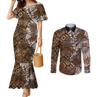 Fiji Masi Tapa Tribal Couples Matching Mermaid Dress and Long Sleeve Button Shirt Old Hibiscus Vintage Style LT03 Brown - Polynesian Pride