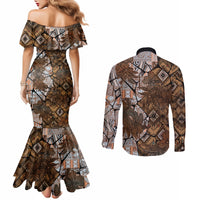 Fiji Masi Tapa Tribal Couples Matching Mermaid Dress and Long Sleeve Button Shirt Old Hibiscus Vintage Style LT03 - Polynesian Pride