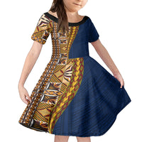 Samoan Siapo Family Matching Long Sleeve Bodycon Dress and Hawaiian Shirt Tatau Pattern Half Style LT03 Daughter's Dress Yellow - Polynesian Pride