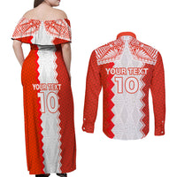 Custom Tonga Rugby Couples Matching Off Shoulder Maxi Dress and Long Sleeve Button Shirt Ikale Tahi Ngatu Tribal Pattern LT03