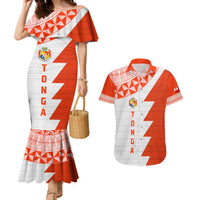 Custom Tonga Rugby Couples Matching Mermaid Dress and Hawaiian Shirt Ikale Tahi Ngatu Tribal Pattern Half Style LT03 Orange - Polynesian Pride