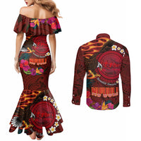 American Samoa Manulele Tausala Nu'uuli Couples Matching Mermaid Dress and Long Sleeve Button Shirt Tatau Art Pattern with Tropical Plants LT03 - Polynesian Pride