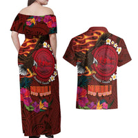 American Samoa Manulele Tausala Nu'uuli Couples Matching Off Shoulder Maxi Dress and Hawaiian Shirt Tatau Art Pattern with Tropical Plants LT03 - Polynesian Pride