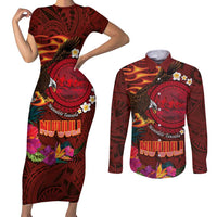 American Samoa Manulele Tausala Nu'uuli Couples Matching Short Sleeve Bodycon Dress and Long Sleeve Button Shirt Tatau Art Pattern with Tropical Plants LT03 Red - Polynesian Pride