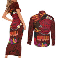 American Samoa Manulele Tausala Nu'uuli Couples Matching Short Sleeve Bodycon Dress and Long Sleeve Button Shirt Tatau Art Pattern with Tropical Plants LT03 - Polynesian Pride