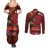 American Samoa Manulele Tausala Nu'uuli Couples Matching Summer Maxi Dress and Long Sleeve Button Shirt Tatau Art Pattern with Tropical Plants
