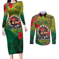 Cook Islands ANDAC Day Couples Matching Long Sleeve Bodycon Dress and Long Sleeve Button Shirt Honor and Remember Soliders-Forever in My Thoughts Grunge Style LT03 Green-Yellow - Polynesian Pride