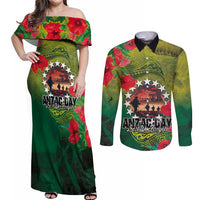 Cook Islands ANDAC Day Couples Matching Off Shoulder Maxi Dress and Long Sleeve Button Shirt Honor and Remember Soliders-Forever in My Thoughts Grunge Style LT03 Green-Yellow - Polynesian Pride
