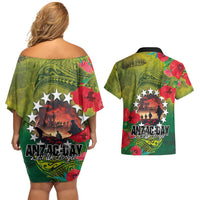 Cook Islands ANDAC Day Couples Matching Off Shoulder Short Dress and Hawaiian Shirt Honor and Remember Soliders-Forever in My Thoughts Grunge Style LT03 - Polynesian Pride