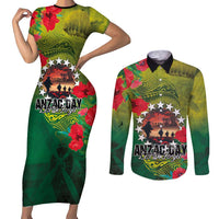 Cook Islands ANDAC Day Couples Matching Short Sleeve Bodycon Dress and Long Sleeve Button Shirt Honor and Remember Soliders-Forever in My Thoughts Grunge Style LT03 Green-Yellow - Polynesian Pride
