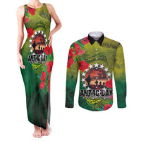 Cook Islands ANDAC Day Couples Matching Tank Maxi Dress and Long Sleeve Button Shirt Honor and Remember Soliders-Forever in My Thoughts Grunge Style LT03 Green-Yellow - Polynesian Pride