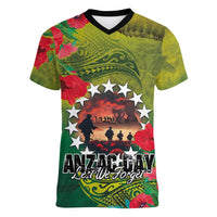 Cook Islands ANDAC Day Women V-Neck T-Shirt Honor and Remember Soliders-Forever in My Thoughts Grunge Style LT03 Female Green-Yellow - Polynesian Pride