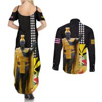 Hawaii King Kamehameha Day Couples Matching Summer Maxi Dress and Long Sleeve Button Shirt Kanaka Maoli Hibiscus Flower and Kakau Pattern