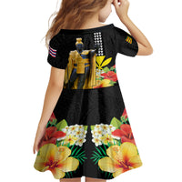 Hawaii King Kamehameha Day Family Matching Off Shoulder Short Dress and Hawaiian Shirt Kanaka Maoli Hibiscus Flower and Kakau Pattern