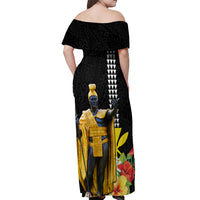 Hawaii King Kamehameha Day Off Shoulder Maxi Dress Kanaka Maoli Hibiscus Flower and Kakau Pattern