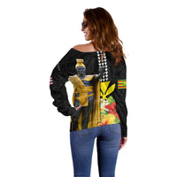 Hawaii King Kamehameha Day Off Shoulder Sweater Kanaka Maoli Hibiscus Flower and Kakau Pattern