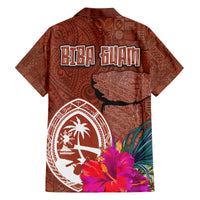 Chamorro Biba Guam Family Matching Off Shoulder Short Dress and Hawaiian Shirt Latte Stone Tribal and Hibiscus Flower Tapa Pattern