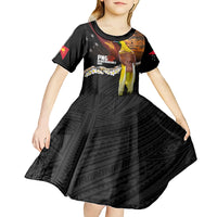 Papua New Guinea Remembrance Day Kid Short Sleeve Dress Bird of Paradise Plumeria Flower and Polynesian Pattern