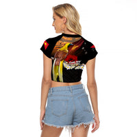 Papua New Guinea Remembrance Day Raglan Cropped T Shirt Bird of Paradise Plumeria Flower and Polynesian Pattern