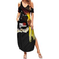 Papua New Guinea Remembrance Day Summer Maxi Dress Bird of Paradise Plumeria Flower and Polynesian Pattern LT03 Women Black - Polynesian Pride