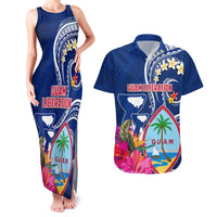 Guam Liberation Couples Matching Tank Maxi Dress and Hawaiian Shirt Latte Stone and Guahan Seal Jungle Flower