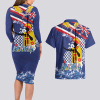Hawaii King Kamehameha Day Couples Matching Long Sleeve Bodycon Dress and Hawaiian Shirt Lei Sea Waves Polynesian Tapa Pattern