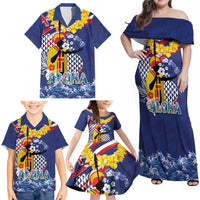 Hawaii King Kamehameha Day Family Matching Off Shoulder Maxi Dress and Hawaiian Shirt Lei Sea Waves Polynesian Tapa Pattern