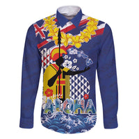 Hawaii King Kamehameha Day Family Matching Off Shoulder Maxi Dress and Hawaiian Shirt Lei Sea Waves Polynesian Tapa Pattern