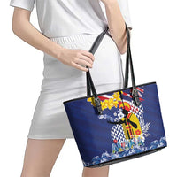 Hawaii King Kamehameha Day Leather Tote Bag Lei Sea Waves Polynesian Tapa Pattern
