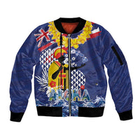 Hawaii King Kamehameha Day Sleeve Zip Bomber Jacket Lei Sea Waves Polynesian Tapa Pattern LT03 Unisex Blue - Polynesian Pride