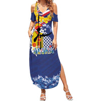 Hawaii King Kamehameha Day Summer Maxi Dress Lei Sea Waves Polynesian Tapa Pattern