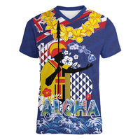 Hawaii King Kamehameha Day Women V-Neck T-Shirt Lei Sea Waves Polynesian Tapa Pattern LT03 Female Blue - Polynesian Pride