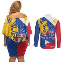 Philippines Independence Day Couples Matching Off Shoulder Short Dress and Long Sleeve Button Shirt Araw ng Kalayaan Polynesian Sun and YAKAN Pattern LT03 - Polynesian Pride