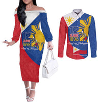 Philippines Independence Day Couples Matching Off The Shoulder Long Sleeve Dress and Long Sleeve Button Shirt Araw ng Kalayaan Polynesian Sun and YAKAN Pattern LT03 Blue - Polynesian Pride