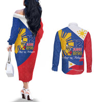 Philippines Independence Day Couples Matching Off The Shoulder Long Sleeve Dress and Long Sleeve Button Shirt Araw ng Kalayaan Polynesian Sun and YAKAN Pattern LT03 - Polynesian Pride