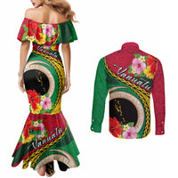 Vanuatu Tribal Boar Tusk Couples Matching Mermaid Dress and Long Sleeve Button Shirt Tropical Plants with Namele and Melanesian Pattern