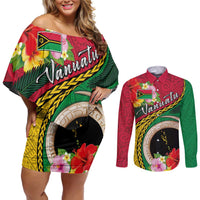 Vanuatu Tribal Boar Tusk Couples Matching Off Shoulder Short Dress and Long Sleeve Button Shirt Tropical Plants with Namele and Melanesian Pattern