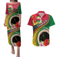 Vanuatu Tribal Boar Tusk Couples Matching Puletasi and Hawaiian Shirt Tropical Plants with Namele and Melanesian Pattern