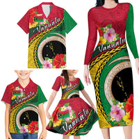 Vanuatu Tribal Boar Tusk Family Matching Long Sleeve Bodycon Dress and Hawaiian Shirt Tropical Plants with Namele and Melanesian Pattern