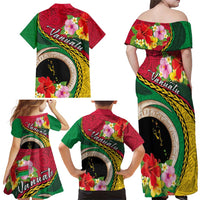 Vanuatu Tribal Boar Tusk Family Matching Off Shoulder Maxi Dress and Hawaiian Shirt Tropical Plants with Namele and Melanesian Pattern
