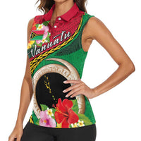 Vanuatu Tribal Boar Tusk Women Sleeveless Polo Shirt Tropical Plants with Namele and Melanesian Pattern